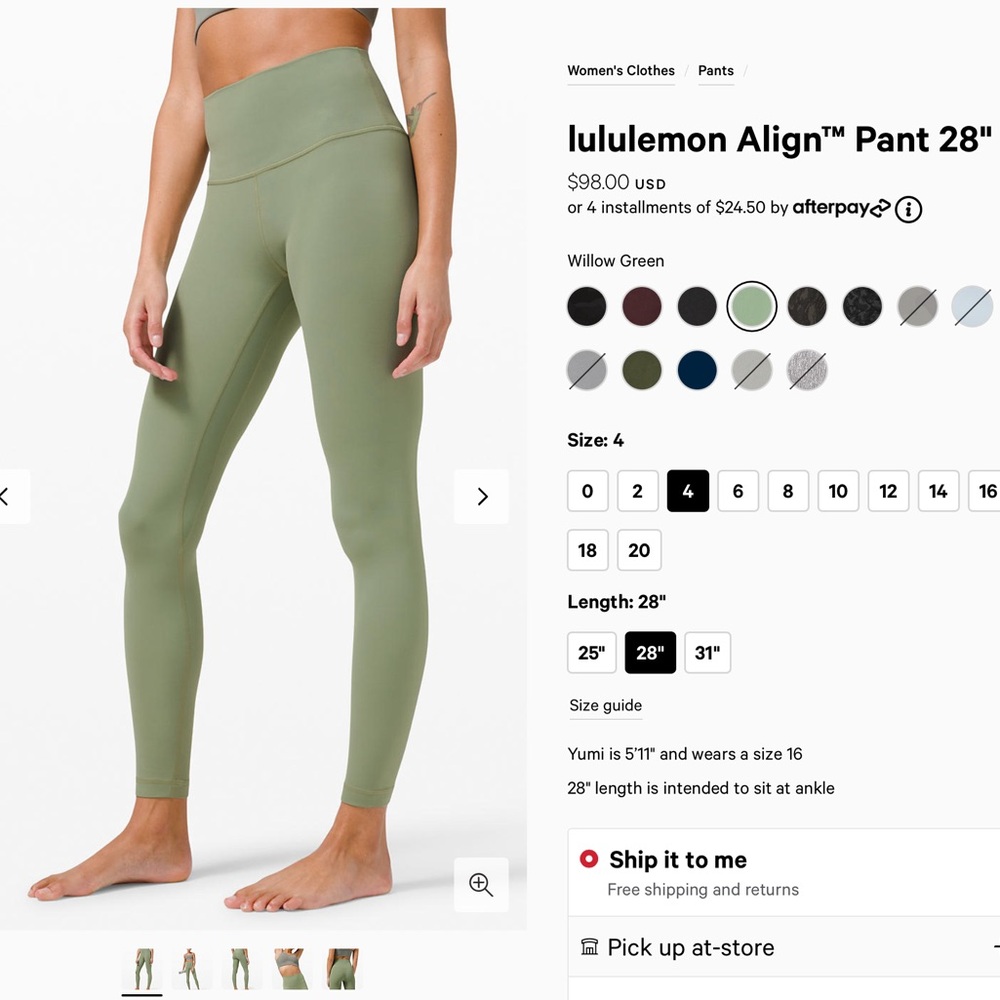 Lululemon Align Pant 28" in Willow Green